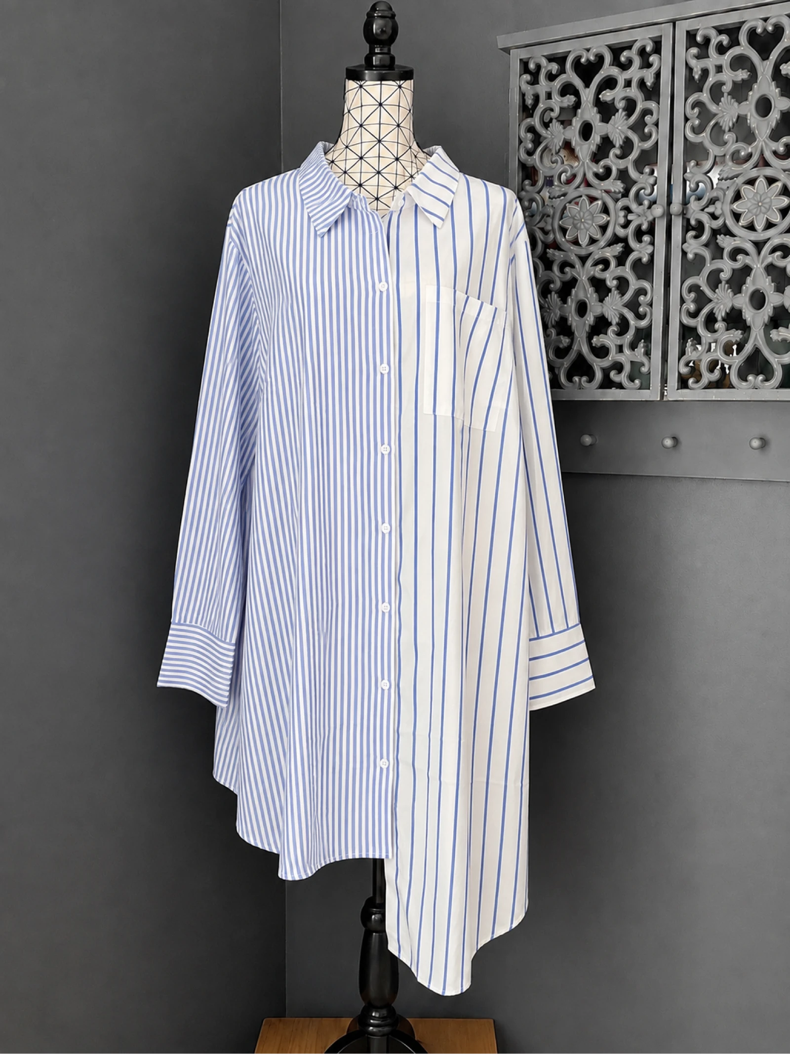 💖 chemise longue blanche et bleu ciel à rayures grande taille 56 oversize asymétrique 💖